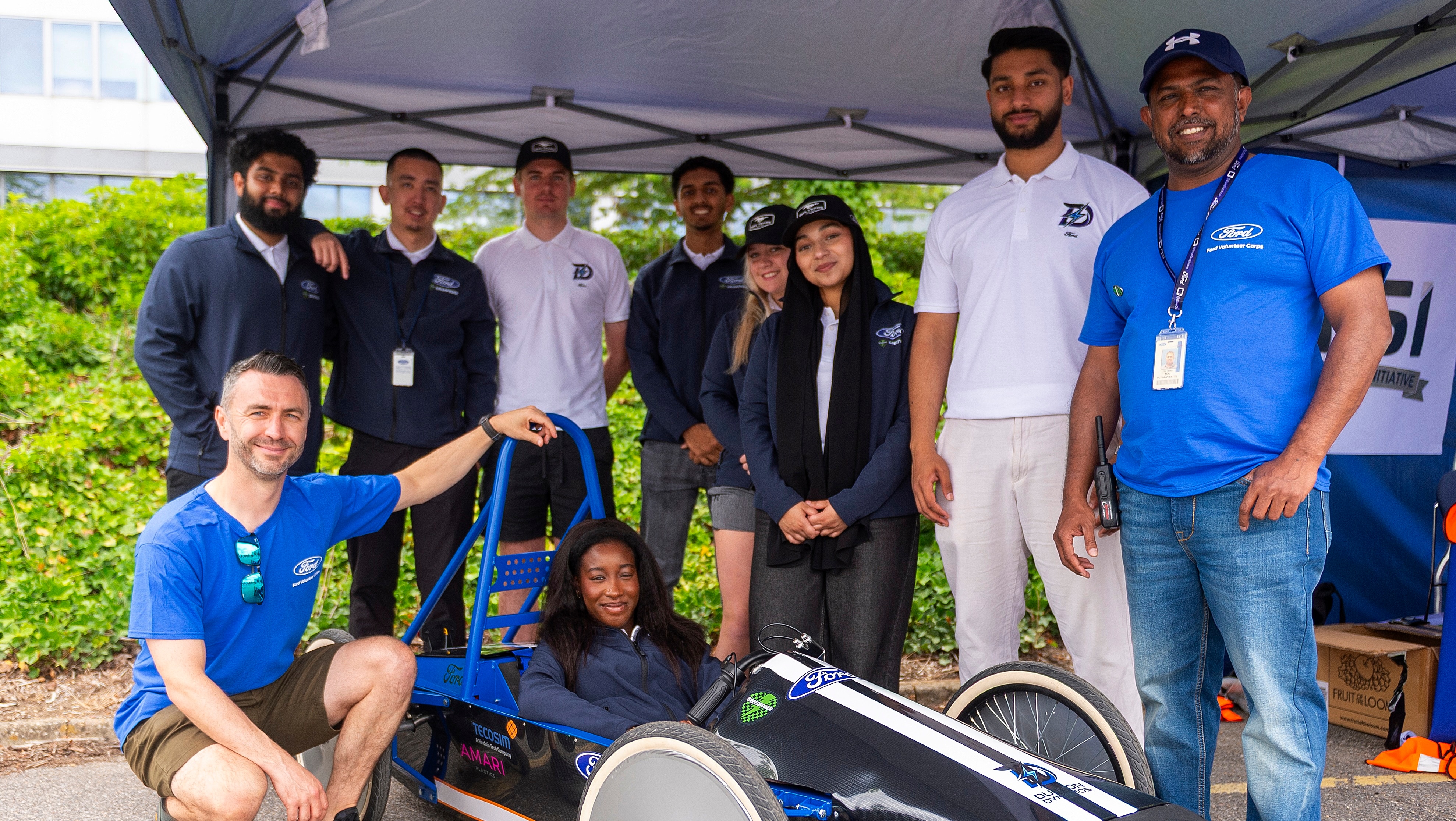 The Ford apprentice team, 'Dunton Dynamos', with the early prototype of their F24+ vehicle